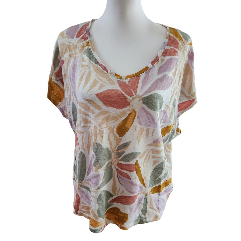 Nicole Miller New York Linen Floral Print V Neck‎ Short Sleeve Top XL